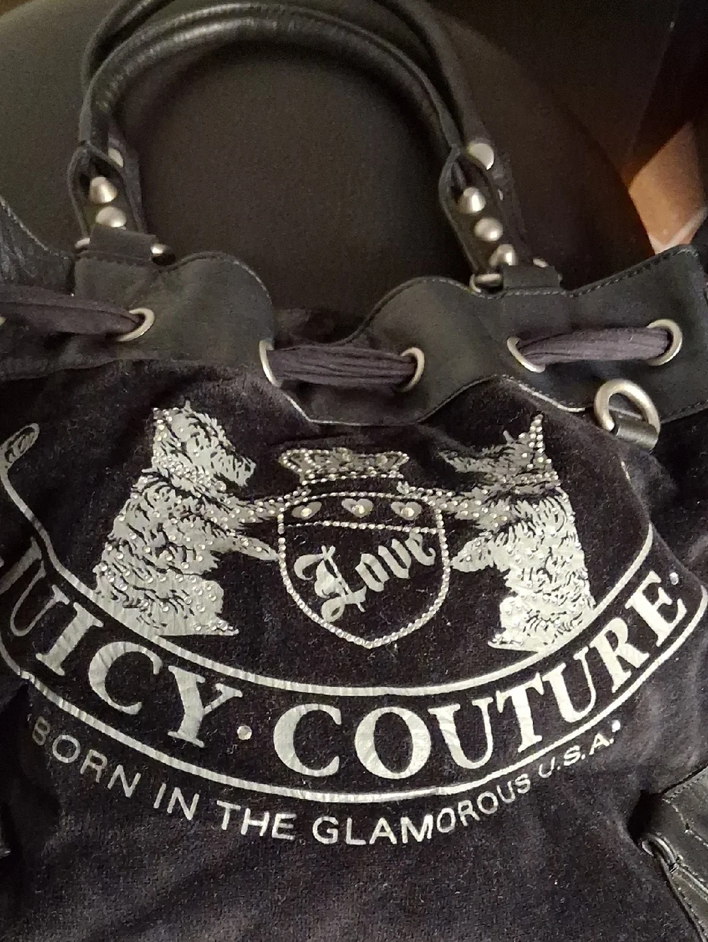 🖤💎Vintage Juicy Couture Black Leather Hobo Handbag W/Clear Gems RARE! Sz M